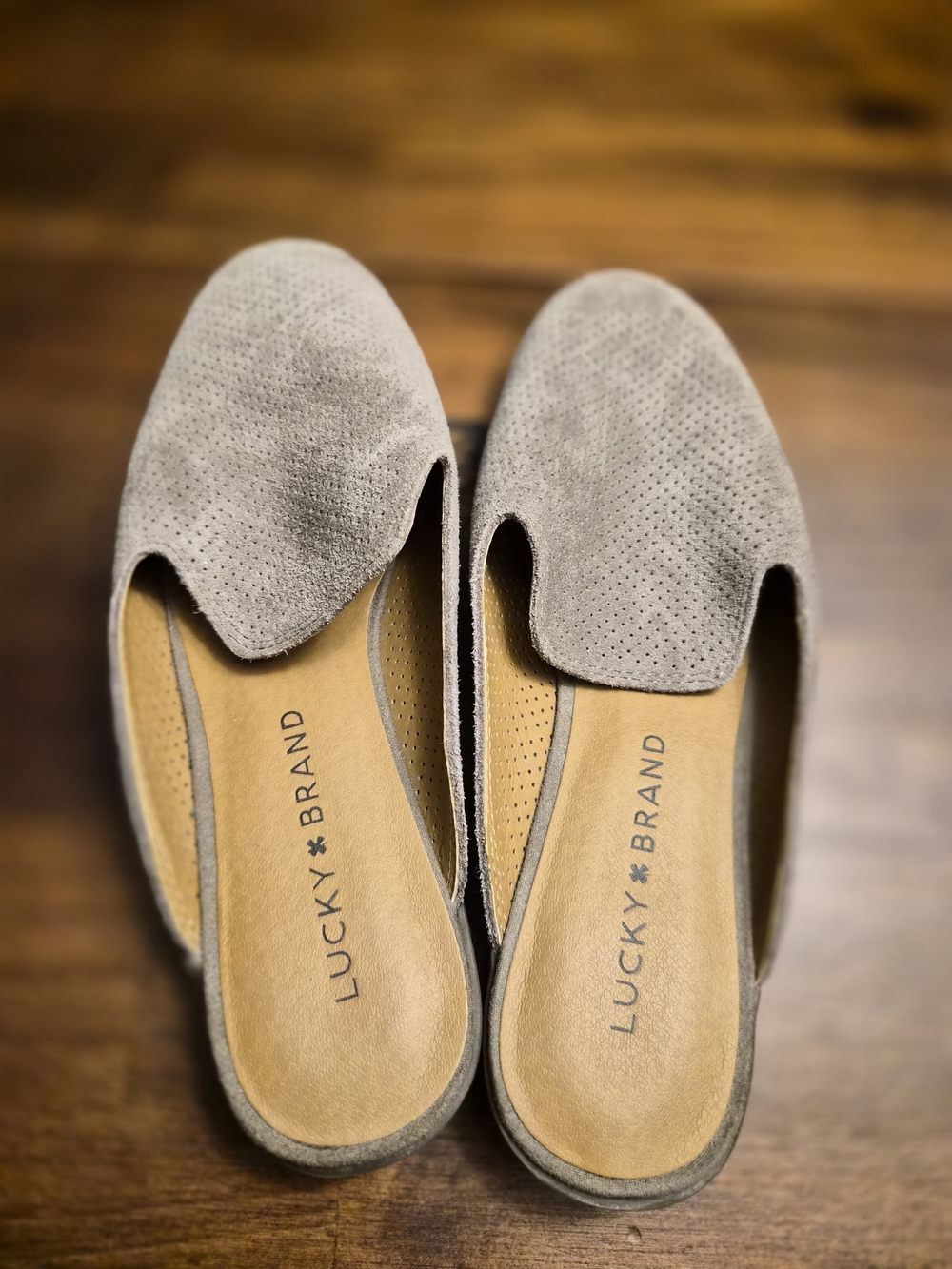 Lucky Brand Gray Perforated Suede Slip-On Mules